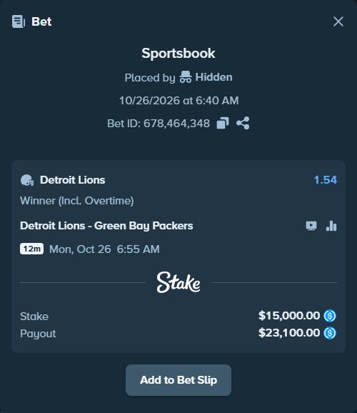 Bet slip: Detroit Lions - Green Bay Packers, $15,000.00 stake at 1.54 odds, placed by blominj