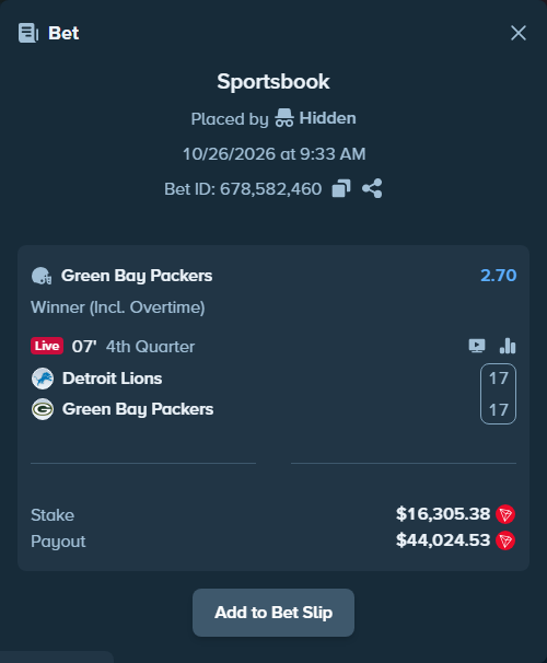 Bet slip: Detroit Lions - Green Bay Packers, $16,329.19 stake at 2.70 odds, placed by Hidden