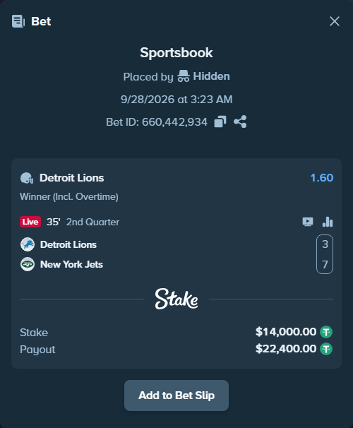 Bet slip: Detroit Lions - New York Jets, $14,000.00 stake at 1.60 odds, placed by jarosbet