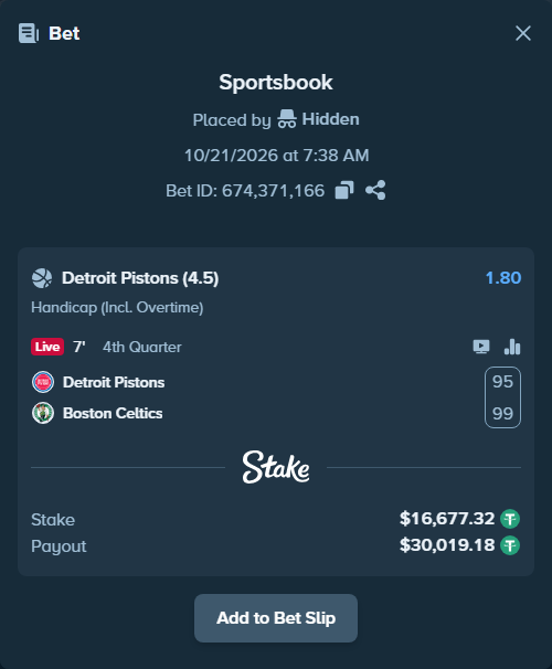 Bet slip: Detroit Pistons - Boston Celtics, $16,694.00 stake at 1.80 odds, placed by Hanselwilliam1