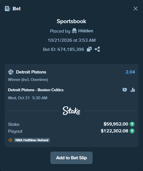 Bet slip: Detroit Pistons - Boston Celtics, $60,011.95 stake at 2.04 odds, placed by Marvin123421