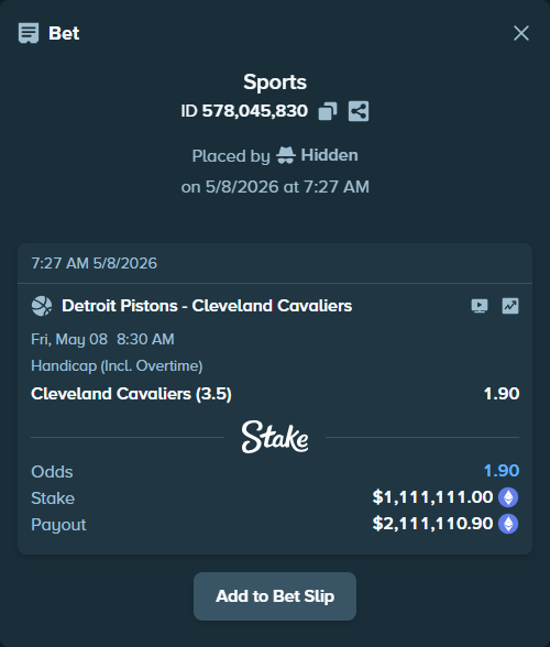 Bet slip: Detroit Pistons - Cleveland Cavaliers, $841,593.50 stake at 1.90 odds, placed by Hidden