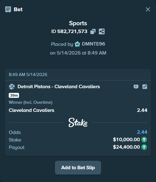 Bet slip: Detroit Pistons - Cleveland Cavaliers, $10,000.00 stake at 2.44 odds, placed by DMNTE96