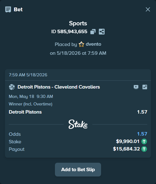 Bet slip: Detroit Pistons - Cleveland Cavaliers, $10,000.00 stake at 1.57 odds, placed by dvento