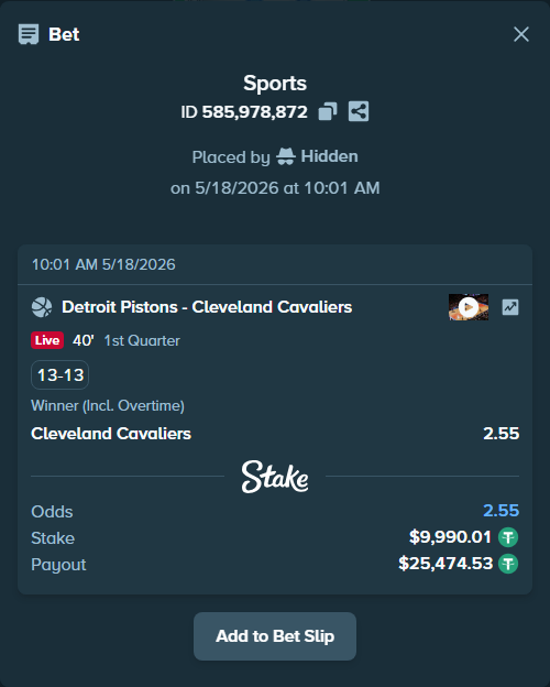 Bet slip: Detroit Pistons - Cleveland Cavaliers, $10,000.00 stake at 2.55 odds, placed by Hidden
