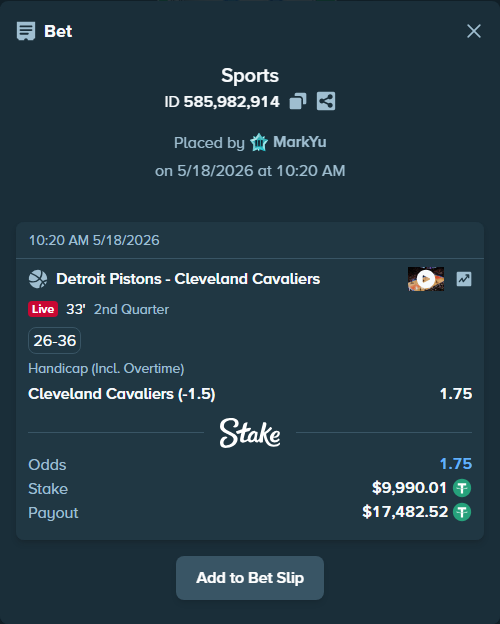 Bet slip: Detroit Pistons - Cleveland Cavaliers, $10,000.00 stake at 1.75 odds, placed by MarkYu