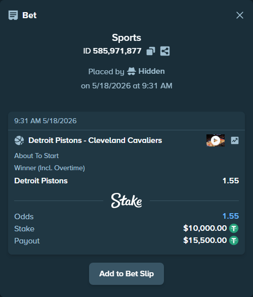 Bet slip: Detroit Pistons - Cleveland Cavaliers, $10,010.00 stake at 1.55 odds, placed by Hidden