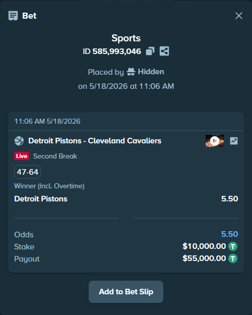 Bet slip: Detroit Pistons - Cleveland Cavaliers, $10,010.00 stake at 5.50 odds, placed by Hidden