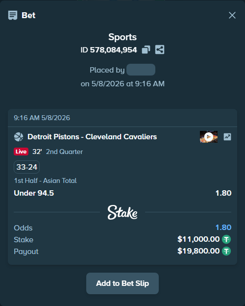 Bet slip: Detroit Pistons - Cleveland Cavaliers, $11,000.00 stake at 1.80 odds, placed by Jupavelli