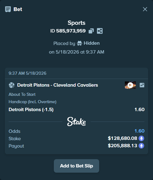 Bet slip: Detroit Pistons - Cleveland Cavaliers, $105,191.82 stake at 1.60 odds, placed by Hidden