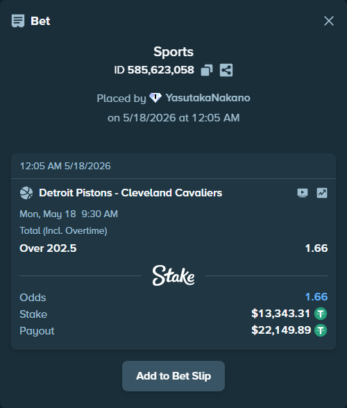 Bet slip: Detroit Pistons - Cleveland Cavaliers, $13,343.31 stake at 1.66 odds, placed by YasutakaNakano