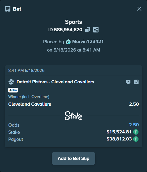 Bet slip: Detroit Pistons - Cleveland Cavaliers, $15,540.33 stake at 2.50 odds, placed by Marvin123421