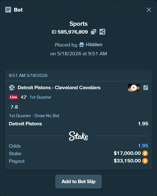 Bet slip: Detroit Pistons - Cleveland Cavaliers, $14,108.94 stake at 1.95 odds, placed by Hidden