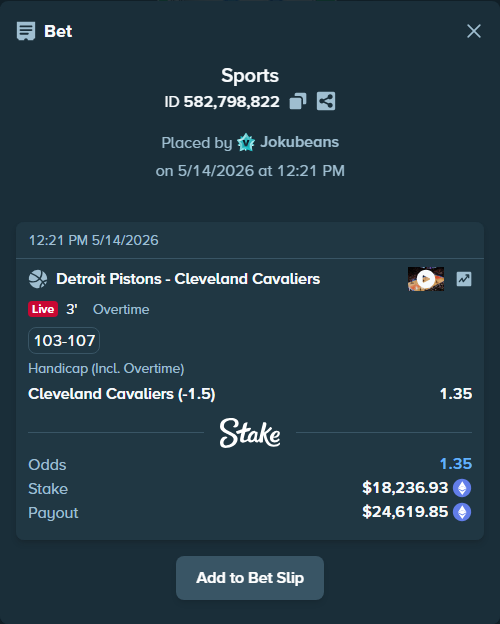 Bet slip: Detroit Pistons - Cleveland Cavaliers, $15,352.79 stake at 1.35 odds, placed by Jokubeans