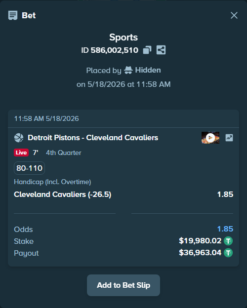 Bet slip: Detroit Pistons - Cleveland Cavaliers, $20,000.00 stake at 1.85 odds, placed by Hidden