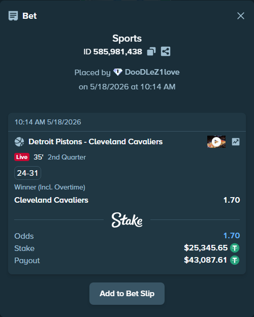Bet slip: Detroit Pistons - Cleveland Cavaliers, $25,371.00 stake at 1.70 odds, placed by DooDLeZ1love