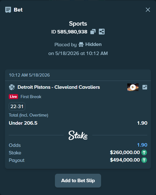 Bet slip: Detroit Pistons - Cleveland Cavaliers, $260,260.00 stake at 1.90 odds, placed by Hidden