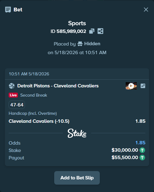 Bet slip: Detroit Pistons - Cleveland Cavaliers, $30,000.00 stake at 1.85 odds, placed by Hidden