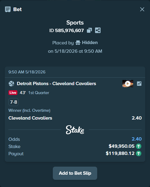 Bet slip: Detroit Pistons - Cleveland Cavaliers, $50,000.00 stake at 2.40 odds, placed by Hidden