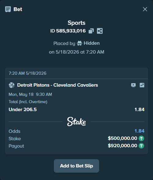Bet slip: Detroit Pistons - Cleveland Cavaliers, $500,500.00 stake at 1.84 odds, placed by Hidden