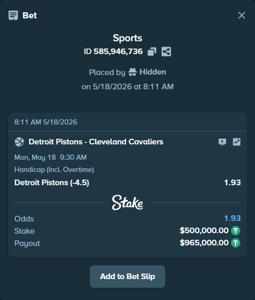 Bet slip: Detroit Pistons - Cleveland Cavaliers, $500,500.00 stake at 1.93 odds, placed by Hidden