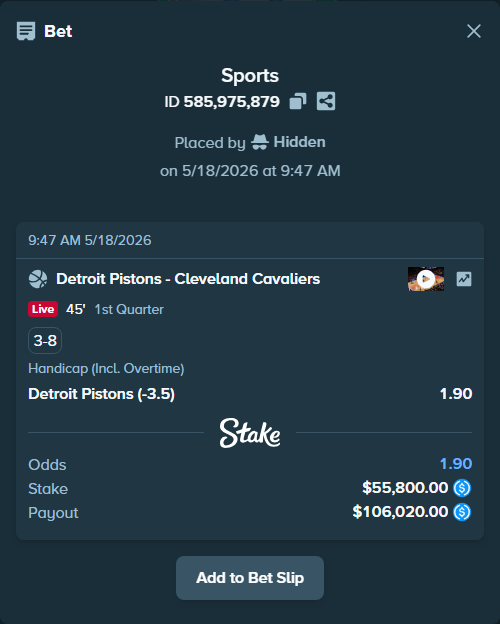 Bet slip: Detroit Pistons - Cleveland Cavaliers, $55,800.00 stake at 1.90 odds, placed by Hidden