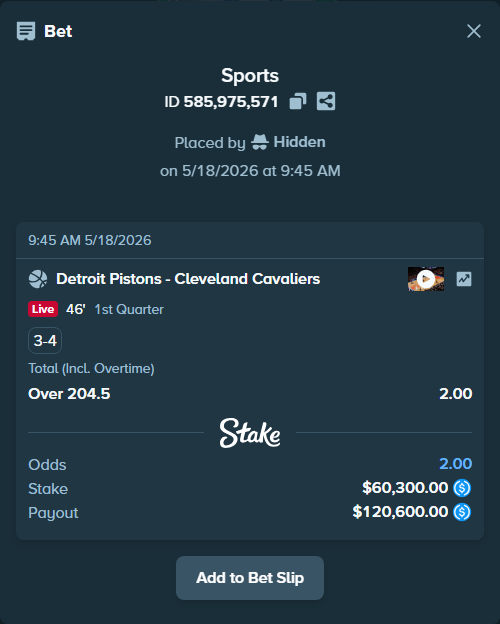 Bet slip: Detroit Pistons - Cleveland Cavaliers, $60,300.00 stake at 2.00 odds, placed by Hidden