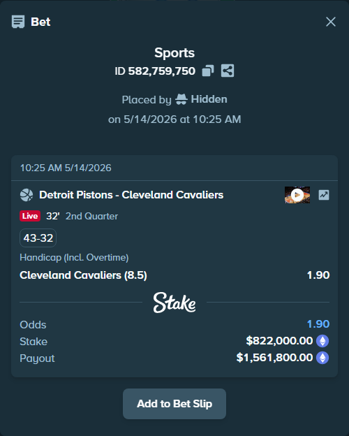 Bet slip: Detroit Pistons - Cleveland Cavaliers, $628,919.01 stake at 1.90 odds, placed by Hidden