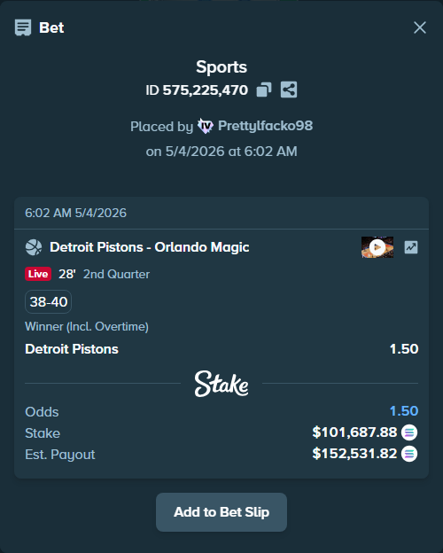 Bet slip: Detroit Pistons - Orlando Magic, $88,591.71 stake at 1.50 odds, placed by Prettylfacko98