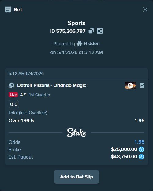 Bet slip: Detroit Pistons - Orlando Magic, $25,000.00 stake at 1.95 odds, placed by Hidden