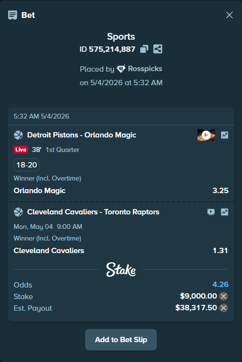 Bet slip: Detroit Pistons - Orlando Magic, $7,415.78 stake at 3.25 odds, placed by Rosspicks