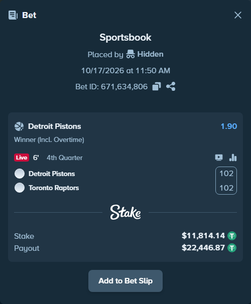 Bet slip: Detroit Pistons - Toronto Raptors, $11,825.96 stake at 1.90 odds, placed by Hidden