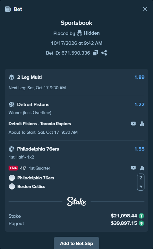 Bet slip: Detroit Pistons - Toronto Raptors, $21,119.54 stake at 1.22 odds, placed by Hidden