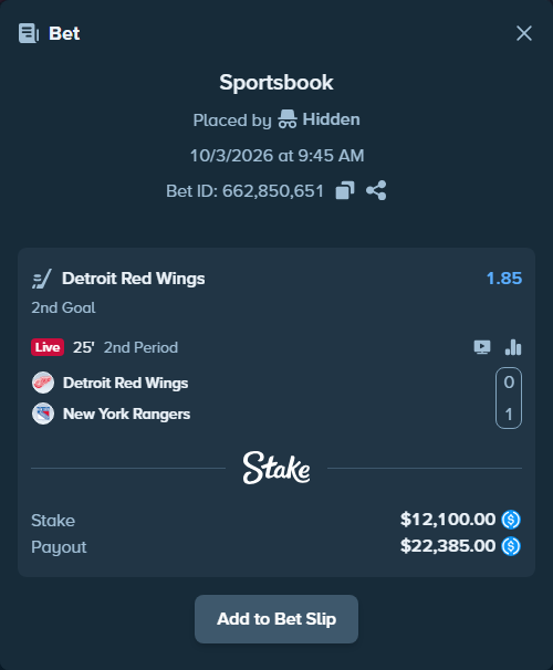 Bet slip: Detroit Red Wings - New York Rangers, $12,100.00 stake at 1.85 odds, placed by Hidden