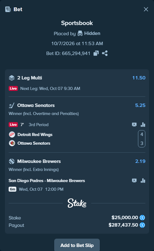 Bet slip: Detroit Red Wings - Ottawa Senators, $25,000.00 stake at 5.25 odds, placed by Hidden