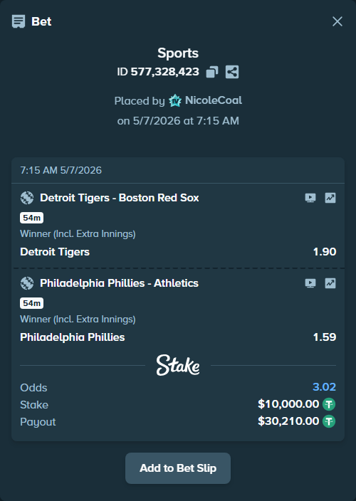 Bet slip: Detroit Tigers - Boston Red Sox, $10,000.00 stake at 1.90 odds, placed by NicoleCoal