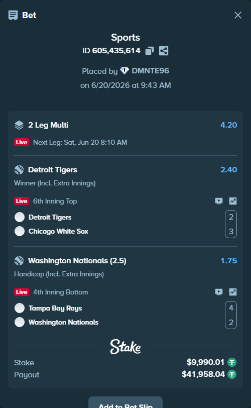 Bet slip: Detroit Tigers - Chicago White Sox, $10,000.00 stake at 2.40 odds, placed by DMNTE96