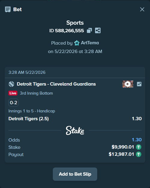 Bet slip: Detroit Tigers - Cleveland Guardians, $10,000.00 stake at 1.30 odds, placed by ArtTema