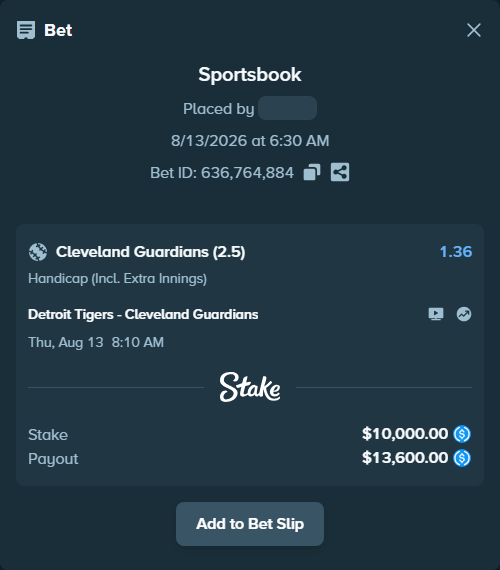Bet slip: Detroit Tigers - Cleveland Guardians, $10,000.00 stake at 1.36 odds, placed by reggieewellq