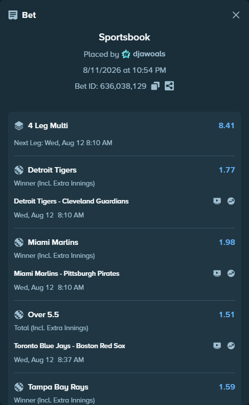 Bet slip: Detroit Tigers - Cleveland Guardians, $10,010.00 stake at 1.77 odds, placed by djawoals