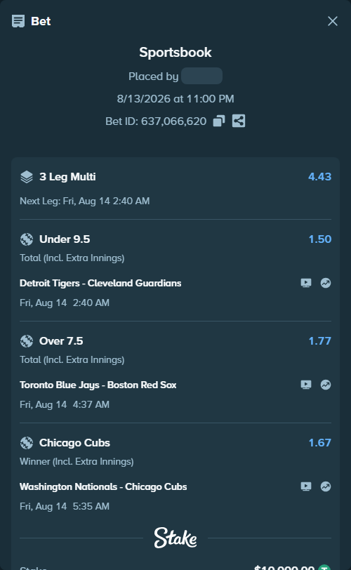 Bet slip: Detroit Tigers - Cleveland Guardians, $10,010.00 stake at 1.50 odds, placed by djawoals