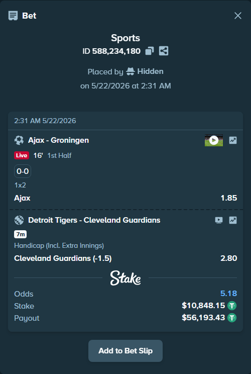 Bet slip: Detroit Tigers - Cleveland Guardians, $10,859.00 stake at 2.80 odds, placed by Hidden