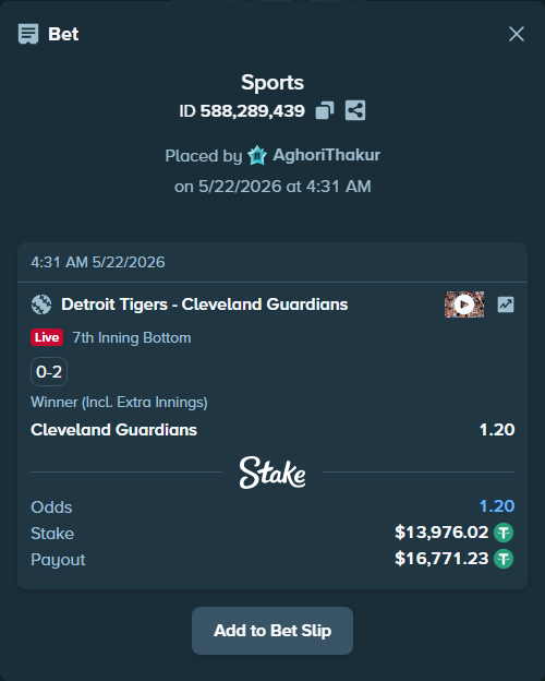 Bet slip: Detroit Tigers - Cleveland Guardians, $13,990.00 stake at 1.20 odds, placed by AghoriThakur