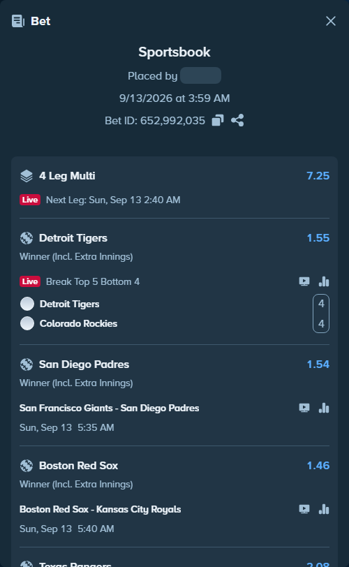 Bet slip: Detroit Tigers - Colorado Rockies, $10,000.00 stake at 1.55 odds, placed by DVhung