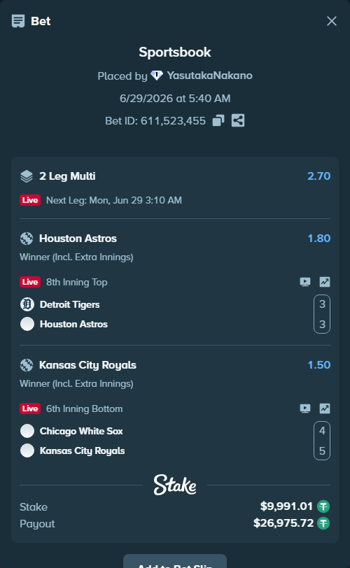 Bet slip: Detroit Tigers - Houston Astros, $10,001.00 stake at 1.80 odds, placed by YasutakaNakano