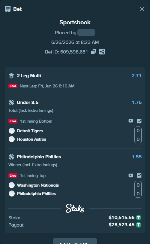 Bet slip: Detroit Tigers - Houston Astros, $10,526.07 stake at 1.75 odds, placed by 토사장체크카드