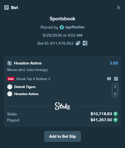 Bet slip: Detroit Tigers - Houston Astros, $10,729.55 stake at 3.85 odds, placed by ayoflasher