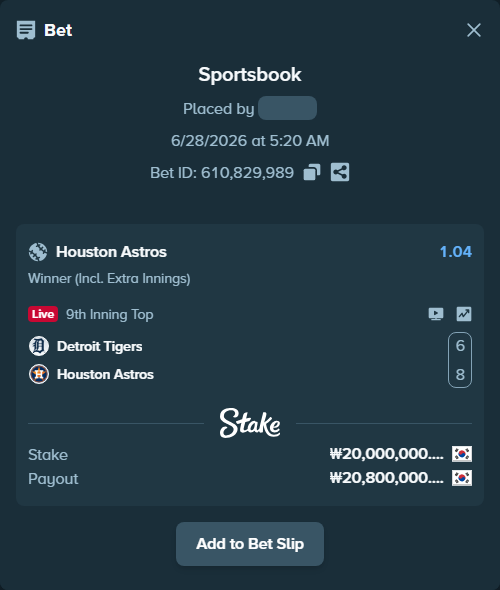 Bet slip: Detroit Tigers - Houston Astros, $15,000.00 stake at 1.04 odds, placed by piropiro12