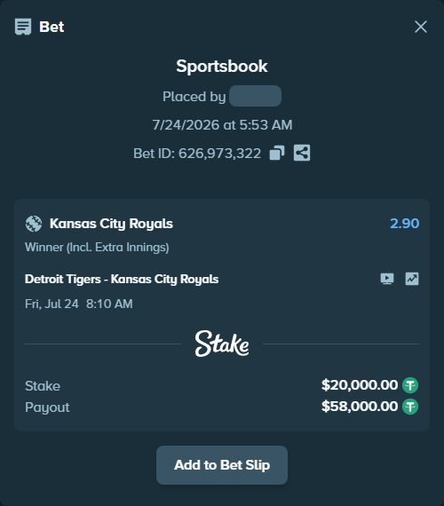 Bet slip: Detroit Tigers - Kansas City Royals, $20,020.00 stake at 2.90 odds, placed by Rosspicks