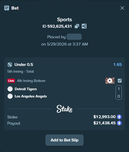 Bet slip: Detroit Tigers - Los Angeles Angels, $11,167.86 stake at 1.65 odds, placed by azosuka